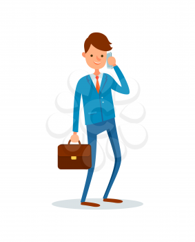 Consultant man, businessman talking on cell mobile phone with clients vector. Person busy with work, boss solving problems, executive with briefcase