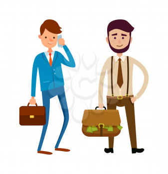 Businesspeople going to make a bargain. Boss speaking on phone, client with big bag full of money. Intention to achieve agreement, vector business characters