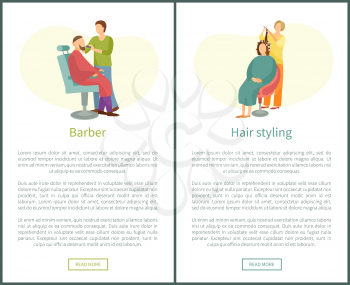 Barber shop and hair styling web posters hairdresser cutting or shaving beard and mustaches to man in armchair. Hairstyle salons with hairdressers
