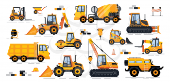 Cement mixer industrial machinery isolated icons set vector. Machines for building and construction track and loading systems excavator concrete maker