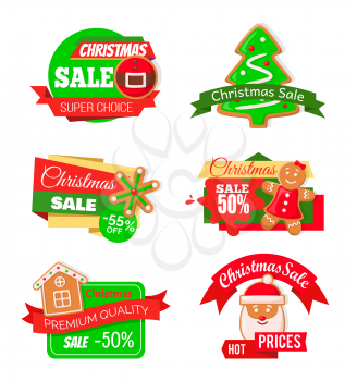 Christmas sale shopping proposition of shops market vector. Isolated set o f icons with pine tree cookie, snowflake and gingerbread man, Santa claus