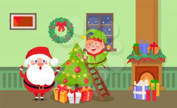 Merry Christmas Santa Claus and elf at home room vector. Winter characters decorating evergreen pine trees, fireplace with presents and gifts, wreath