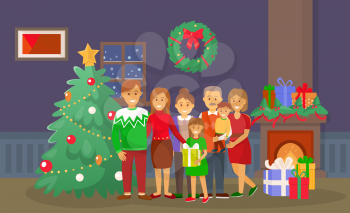 Christmas family at home, people by pine tree vector. Fireplace and fir, wreath with bow decoration of interior, mother and father, presents and gifts
