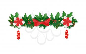 Xmas decorative element, fir-tree branches decorated by poinsettia flowers, cone shape glass toys, red mistletoe berries and spruce vector isolated icon