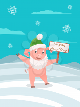 Cartoon pig in green hat and in Santa Claus beard with greeting card wishes Happy New Year. Piglet on winter landscape, snowflakes and hills of snow, vector