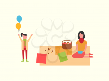 Woman on picnic sitting on blanket, child with balloons vector. Mushrooms gathered in basket, family mother and kid. Family spending time together