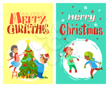 Merry Christmas holidays of children playing snowballs and decorating New Year tree, vector in round brush frames. Boy and girl winter games, kids outdoors