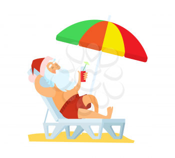 Santa Claus lying on sunbed under color umbrella vector illustration isolated. Father frost in red hat drinking refreshing cocktail at summertime, santas holidays