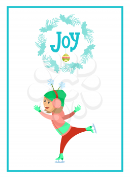 Joy poster child skating on ice rink isolated in blue frame. Girl in earmuff headphones with horns in shape of snowflakes having fun at wintertime, vector