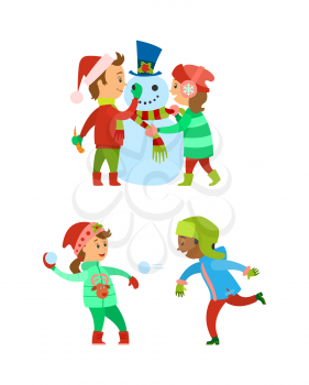 Christmas holidays, children building snowman vector. Snowball fight, winter game played by kids, wearing warm clothes. Fun of boy and girl child