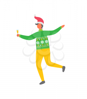 Man in green sweater with snowflakes and yellow trousers celebrating Christmas party. Male in Santa Claus hat, with glass of alcohol drink, vector isolated