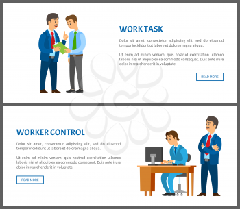 Work task and worker control, boss giving instructions to employee, conversation between colleagues. Leader supervising coworker, vector posters set