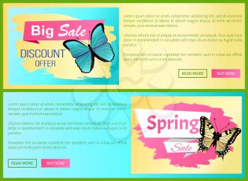 Big choice best spring sale labels on posters with butterflies, day-flying moths with wings vector voucher advertisement sticker and tag, add your text