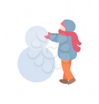 Kid making snowman in warm clothes. Child in down-bed with pink scarf and mittens with hat and colorful trousers, traditionally activity in winter vector