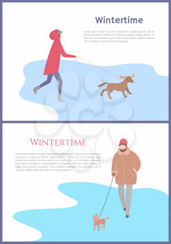 Woman with pet walking in wintertime outdoor. Girl holding dog in jacket with hat and mittens in trousers and boots. Set of charactercard with text vector