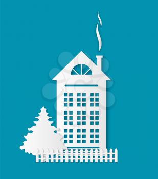 Home paper cut icon with chimney, fence and spruce tree. Residential real estate building icon isolated on blue. House silhouette, multi storey dwelling
