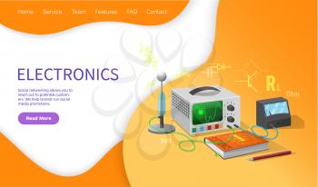 Electronics lessons, discipline in school and university vector. Learning technologies innovative mechanisms. Electronic devices electric appliances