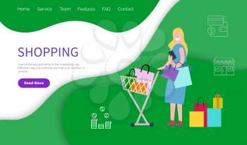 Shopping woman with trolley and packages presents for family vector. Consumer holding cart full of bags and gifts. Lady shopaholic, wallet in hands