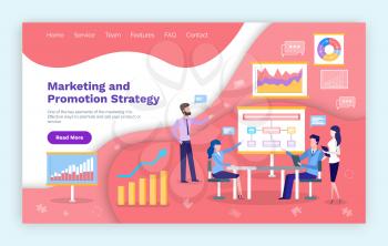 Marketing and promotion strategy, people on meeting vector. Infographics and charts  on whiteboard, programmers and developers  brainstorming on issue