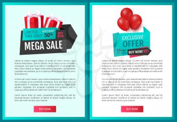 Exclusive offer 50 percent half price discount sale, web page templates vector. Balloons and ribbons with proposition of market, shop with reduced prices