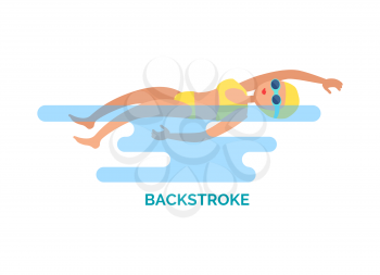 Backstroke swimmer floating on back using hands. Poster with text and woman wearing goggles, hat and bathing suit. Water competition style vector