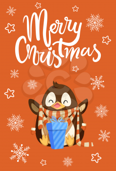 Merry Christmas penguin with presents in boxes vector. Cold weather snowflakes and star, gifts celebration of holiday, animal with knitted scarf and text