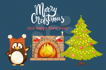 Merry Christmas and happy New Year home poster with greeting text vector. Celebration tree with baubles and toys, fireplace with socks decoration