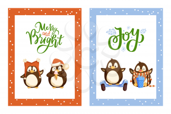 Merry and bright joy posters with greetings, vector. Animals wearing warm hat and scarf, opening present from boxes, bird riding on board wheels