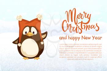 Merry Christmas and Happy New Year, penguin in hat with buboes. Arctic bird in funny headdress greeting banner vector. Wild Polar animal with accessory