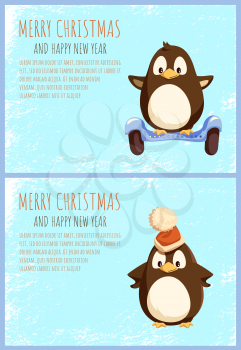 Penguin in orange hat with big furry pompon, self-balancing bird on segway. Merry Christmas and Happy New Year greeting card on blue background vector