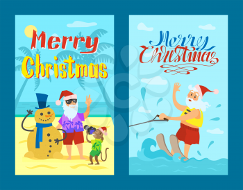 Merry Christmas, Santa Claus riding on water skies in red hat, New year characters snowman of sand and monkey. Summer holidays vector water splashes and man