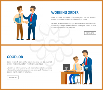 Working order and good job posters. Boss giving instructions to employee, conversation between colleagues. Leader encouraging coworker, praising fresher