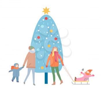 Mums and children near big decoration Christmas tree vector. Women in warm clothes holding little sun and daughter on sleigh, happy family in winter