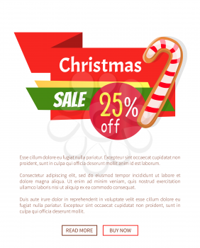 Candy striped stick vector on web poster. Christmas sale 25 percent off tag template with decoration. Discounts emblem, price off on confectionery sweets