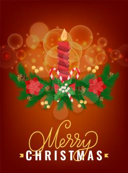 Merry Christmas greeting card, spruce tree branches, burning candle decorated by bow, pine cones, candy sticks New Year holidays decoration on blurred red backdrop