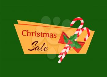 Christmas sale tag template with decoration. Candy sticks decorated by mistletoe holly berries and bow isolated vector. Discounts emblem, price off