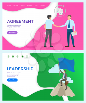 Agreement with partners, businessman on peak top vector. Leadership, man holding pole and flag, achieved success. People at work shaking hands set