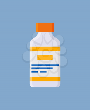 Medicine plastic bottle closeup, package with schematic instruction and info about product, treatment prescription isolated on vector illustration