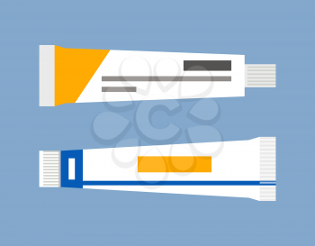 Ointments and lotions in tubes with labels and usage instruction. Medication for skin eruptions curing derma problems, isolated on vector illustration