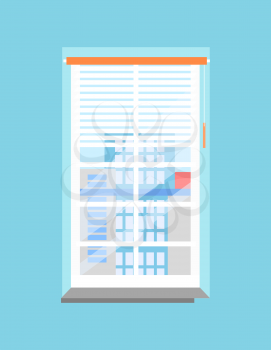 Clean office plastic window with jalousies and windowsill. Spectacular view on skyscrapers from downtown in blue wall cartoon vector illustration.
