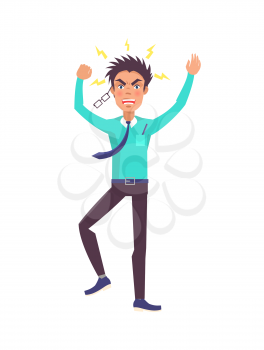 Businessman feeling anger rising in him, shouting man wearing formal suit with tie, irritated males glasses falling from nose, vector illustration
