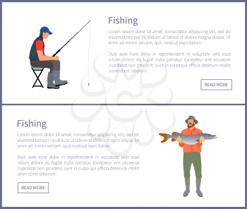 Fishing activities of men wearing special clothes posters set with headlines. Man with rod waiting sitting on stool catching fish vector illustration
