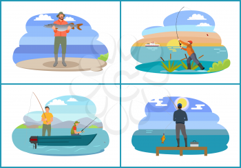 Fisherman seashores people set holding rods. Boat wooden vessel containing fishing man. Bank of river with high plants isolated on vector illustration