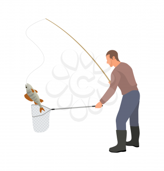 Аisherman with landing net and catch on fishing tackle. Colored vector illustration on white background for fishery dedicated web site or magazine.