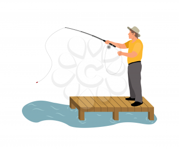 Man fishing on wooden masonry colorful banner, vector illustration of abstract water pond and adult person with fishing-rod isolated on white backdrop