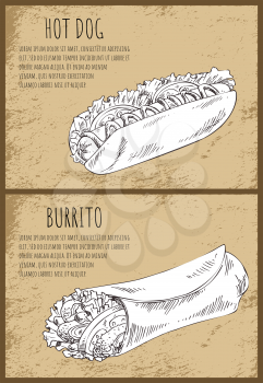 Hot dog and burrito posters set with monochrome sketches outline of take away meal. Fast Food dishes made of meat and vegetables vector illustration