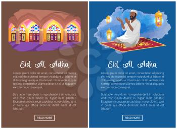 Eid Al Adha grandiose religious event web pages set. Sacred place interior and prayer performs traditional ritual online promo vector illustrations.
