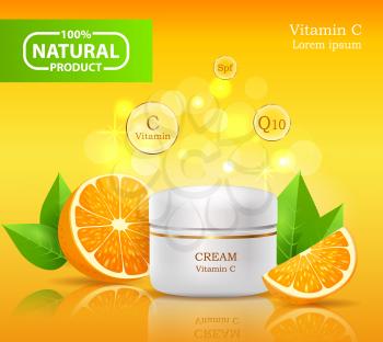 Cream made of natural ingredients vector, bottle with cream lotion for skin, skincare production for women based on extract of orange juice flat style