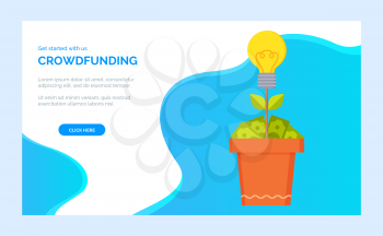 Crowdfunding homepage decorated by money plant with bulb and dollars, tree with coins, investment or donation platform, business technology vector. Website or webpage template, landing page flat style