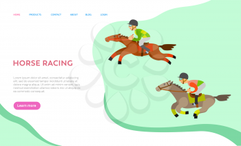 Horse racing people vector, person on animals horseback, male wearing helmet protecting from hits, person in equine sports, equestrian hobby. Website or webpage template, landing page flat style